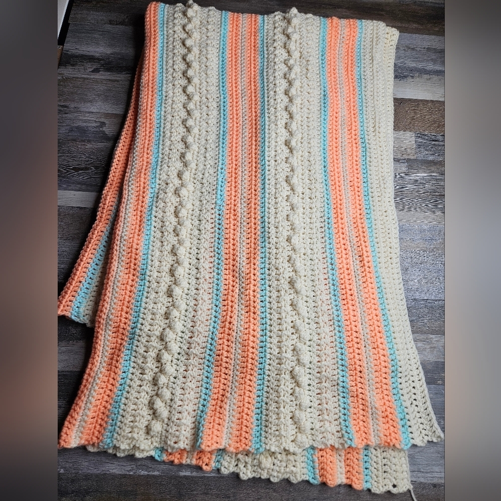 Crochet Handmade Blanket 44x68 Inches Cream Orange Blue
